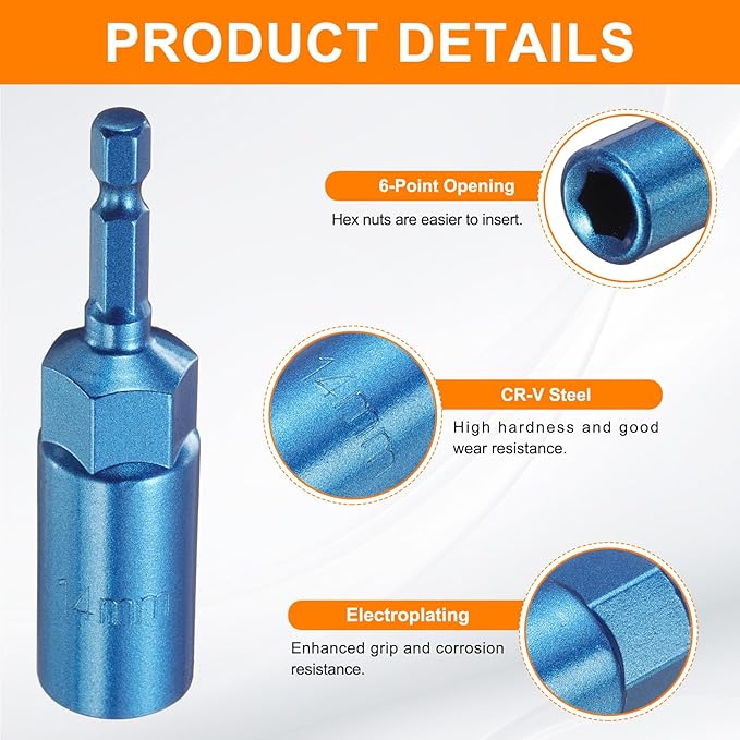 HARFINGTON Nut Driver 14mm Hex Drive Socket CR-V Steel Power Screw Drill Bits Socket Wrench Tools with 1/4" Quick Change Hex Shank for Power Drills Impact Drivers, Blue
