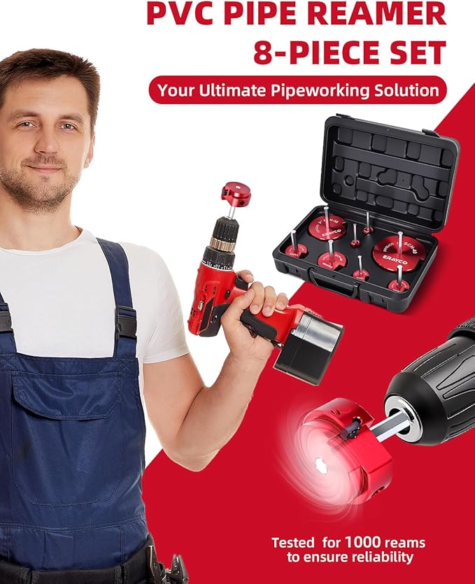 8PCS PVC Pipe Reamer Kit, Plastic Pipe Fitting Reamer Tool, Fit into Standard 1/2" Drills, PVC Fitting Saver for SCH40 PVC CPVC ABS Pipe (1/2'', 3/4'', 1'', 1-1/2'', 1-1/4'', 2'', 3'', 4'')