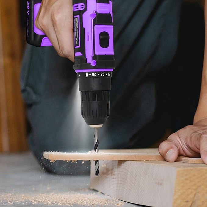 Purple 20v Cordless Drill With Battery And Charger, Electric Screwdriver Kit, 25+1 Torque, Stud Finder Ready,Front LED Light