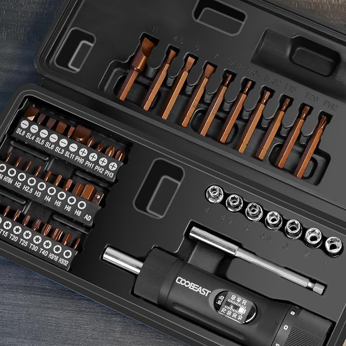 49 Pcs Torque Screwdriver 10-70 Inch Pound Torque Screwdriver Set with S2 Bits & Sockets, 1/4” Drive Torque Wrench Screwdriver Set for Maintenance, Tools, Bike Repairing and Mounting
