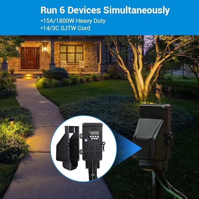 DEWENWILS Outdoor Digital Power Strip Timer, Outdoor Multi Socket Timer, Waterproof 6 Outlet Garden Power Stake, 6ft Cord, Outdoor Timer for Halloween/Christmas Lights, Yard, Garden, 15A Heavy Duty