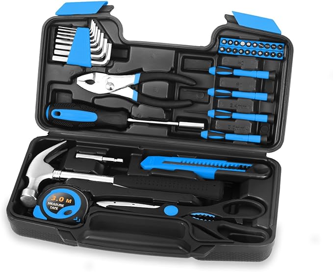 39 Piece Basic Home Tool Set Household Tool Set General Repair Small Hand Tool Kit in Toolbox Storage Case for Home Garage Office College Dormitory Use, Blue