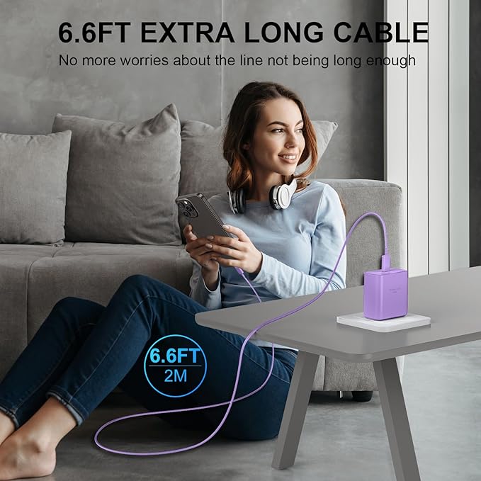 Phone 16 Pro Max Charger Fast Charging, 45W USB C Phone 16 Super Fast Charger Block with 6.6FT Long Type C Charging Cable Cord for Phone 16/16 Pro/16 ProMax/16 Plus, 15/15 ProMax/Pro/Plus,2pack purple