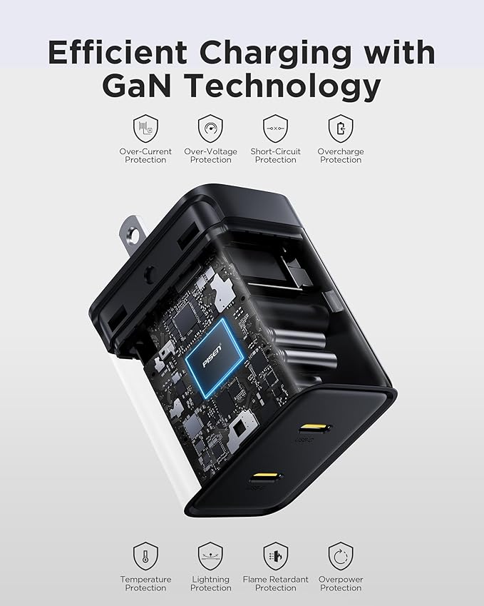 PISEN 45W USB C Charger - GaN Dual USB-C Wall Charger Block Fast Charging, Mini Foldable PD PPS for iPhone16/15/14 Pro, Pro Max, Mini, iPad Pro Series, Samsung Galaxy S23 Ultra, MacBook Etc