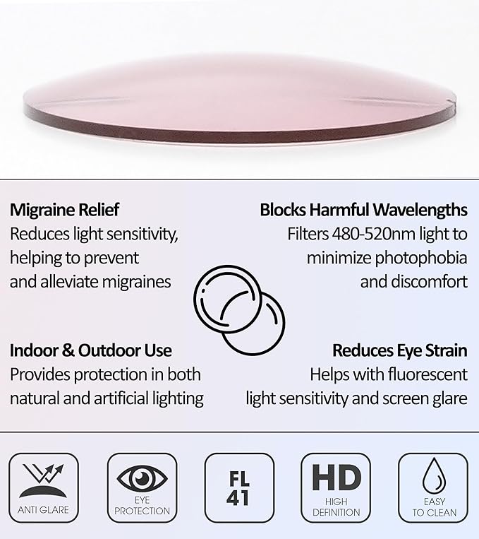 Calabria 91348 Pink FL-41 Tinted BiFocal Safety Glasses +2.00 Fluorescent Blue Light Sensitivity Indoors Outdoor Photophobia