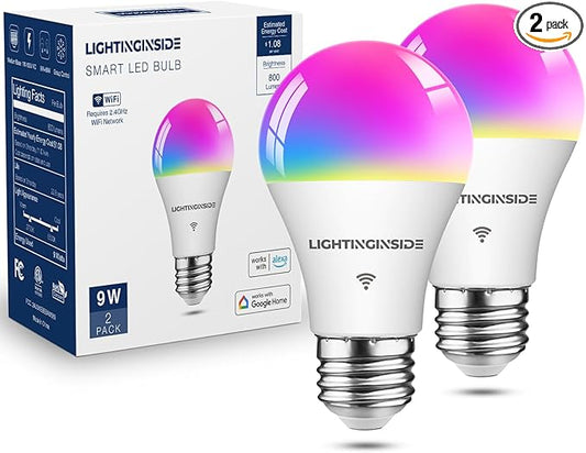 Smart Light Bulbs 60W Equivalent, WiFi Smart Bulb Compatible with Alexa/Google Assistant/Smart Life, A19 E26 RGBCW Color Changing, No Hub Required,2.4G WiFi, ETL Listed, 9W 800LM, 2PCS