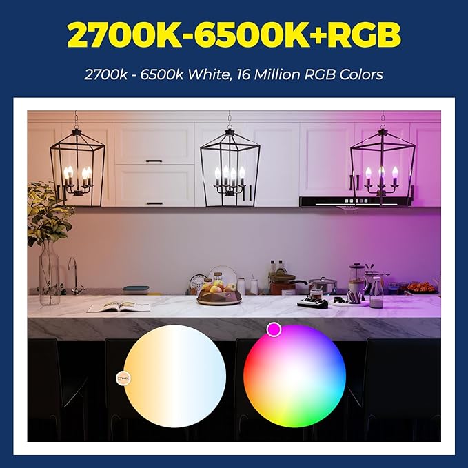 E12 Smart Light Bulbs 60W Equiv., Work with Alexa/Google Home/Smart Life, 500LM 6W RGBCW Candle Candelabra LED Light Bulbs, No Hub Required, 2.4G WiFi Bluetooth Bulb, ETL Listed, 2PCS