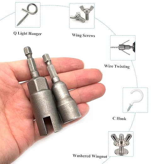 2 Pcs 1/4" 5/16" 3/8" Wing Nut Driver Wing Nut Drill Bit Socket Wrenches 1/4 inch Hexagon Head Drill Driver Bits for Panel Nuts Screws Eye C Hook Bolt