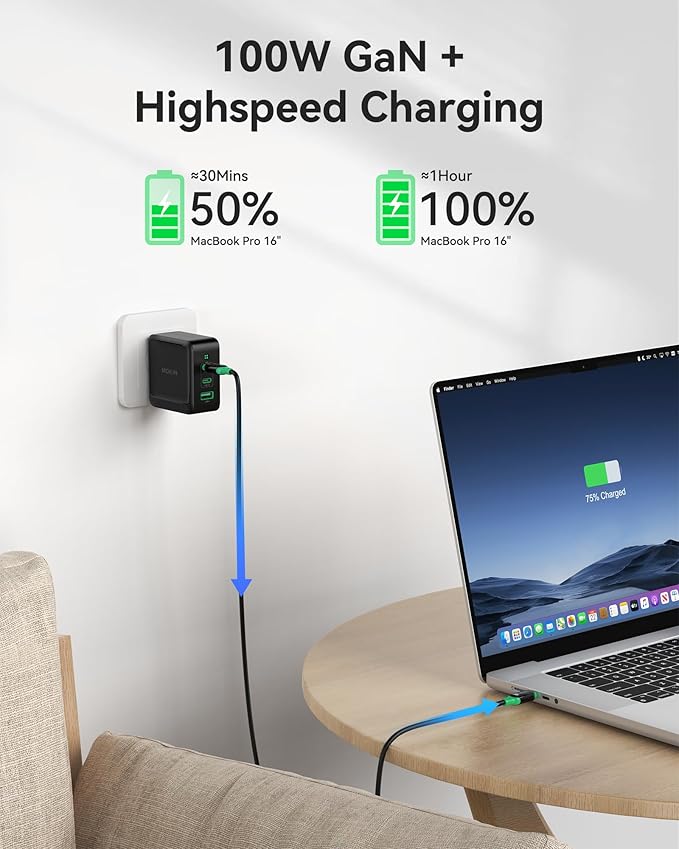 100W USB C Charger, 3-Port GaN+ USB C Charging Block, Foldable and Compact Fast Wall Charger Power Adapter for MacBook Pro/Air, iPad Pro, iPhone 16/15, Dell XPS, Galaxy S24/S23, and More