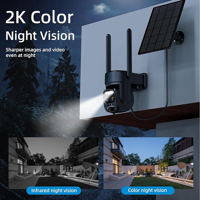 Hawkray Pannel Solar Wireless Outdoor Security Camera, Dual-Lens, 10xZoom, 2K Resolution 3MP 360°Pan/Tilt,2.4&5G WiFi Battery Powered Camera with Spotlight Alarm PIR Motion Detection