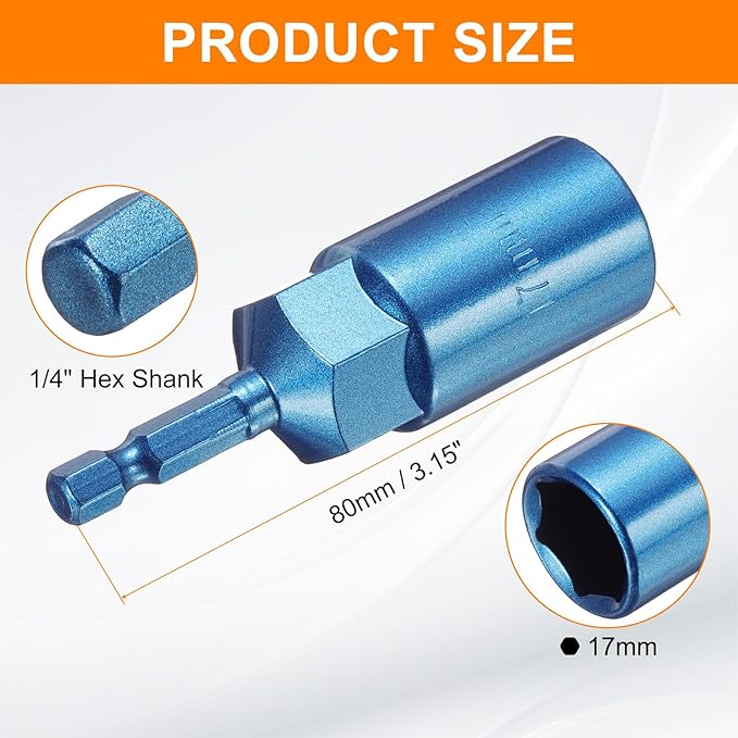 HARFINGTON Nut Driver 17mm Hex Drive Socket CR-V Steel Power Screw Drill Bits Socket Wrench Tools with 1/4" Quick Change Hex Shank for Power Drills Impact Drivers, Blue