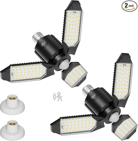 Motion Sensor Garage Lights 8000LM, Deformable Motion Activated LED Garage Ceiling Light Bulbs, 3 Modes & 360° Detection, Sensor Lights Bulb Indoor for Workshop/Barn 2-Pack