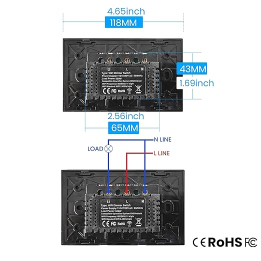 Smart Dimmer Switch Need Neutral Wire No Hub Required,2.4GHz Wi-Fi Light Switch APP Control Work with Tuya and Smart Life,FCC Certified,Smart Home Device 110/220VAC,Black Dimmer