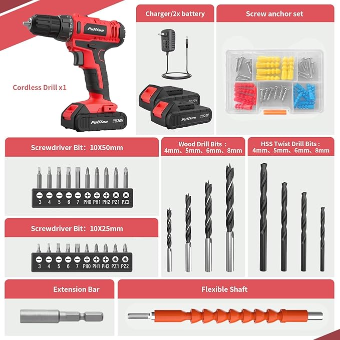 PULITUO 20V Cordless Drill/Driver, 2 Batteries Electric Screwdriver, 30Nm Power Drill Driver, 21+1 Torque, 2 Speed, 3/8"Keyless Chuck, power Drill with LED Light, Drill Driver Kit for Home (Red)