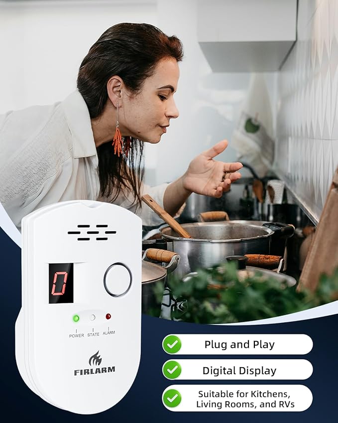 Natural Gas Detector, Plug-in Gas Leak Detector for Home, Propane Leak Alarm for RV and Kitchen, with LED Digital Display