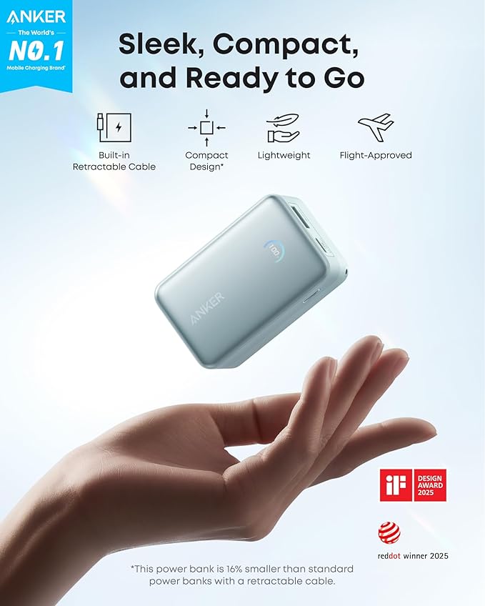 Anker Nano Power Bank, 10,000mAh Portable Charger with 2.3 ft InstaCord Retractable Cable, 45W Max Compact Battery Pack, Smart Display, for iPhone 16 Series, iPad, Galaxy, Pixel, and More