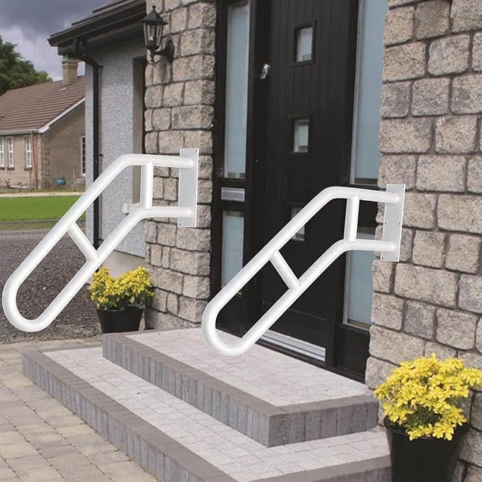 2 Pack Handrails for Outdoor Steps, Upgraded 27" Bent White Stair Handrails for Indoor or Outdoor, Wall Mounted Hand Stair Railings with Anti-Skid Crossbar, Safety for Elderly, Kids, Disabled
