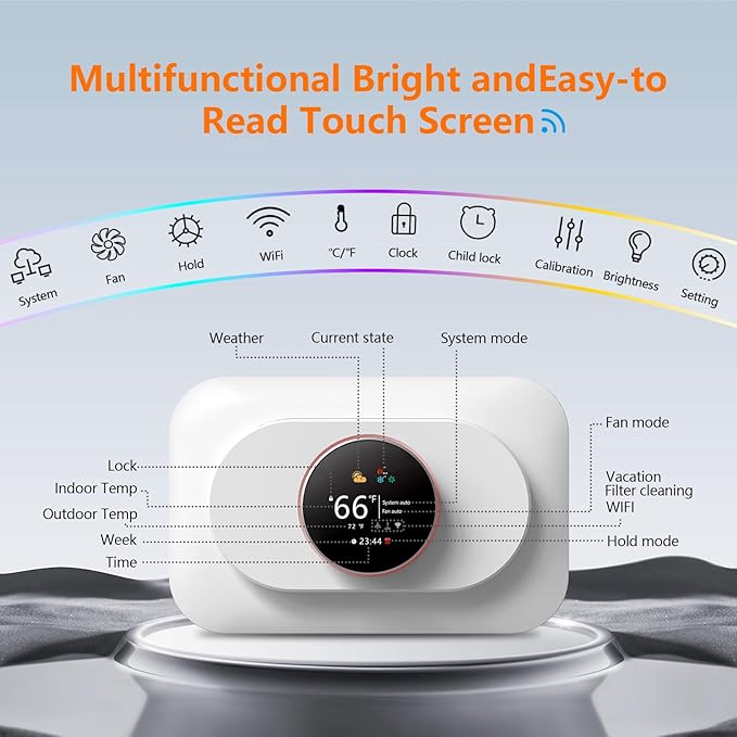 BSEED Wi-Fi Smart Thermostat for Home, Heat Pump Thermostat Touch Screen with Energy Saving, 7 Day Programmable (Holiday Mode), Works with Alexa and Google Assistant, White(C-Wire Adapter Included)