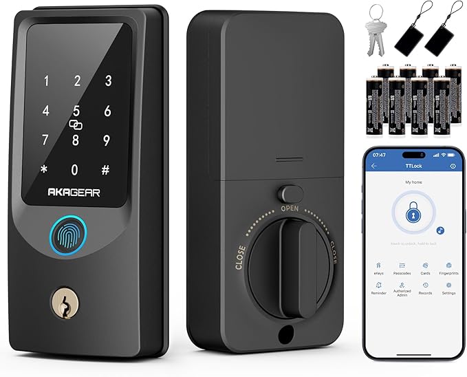 T02 Smart Lock, Keyless Entry Door Lock, Smart Lock for Front Door, Built-in Wi-Fi, App Control, Auto Locking, Fingerprint, Key, Fob Card, PIN Code Unlock, 8xAA Batteries, IP55 Waterproof