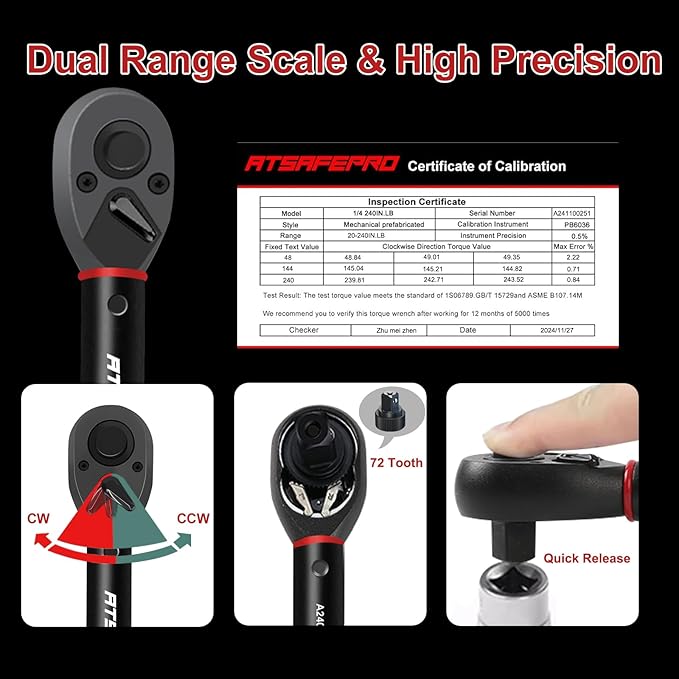 1/4" Torque Wrench (20-240 in-lb / 2.3-27.1 Nm) -Dual Scale, 72-Tooth Ratchet, ±3% Pre-Calibrated Accuracy, Suitable for Bike & Bicycle Maintenance