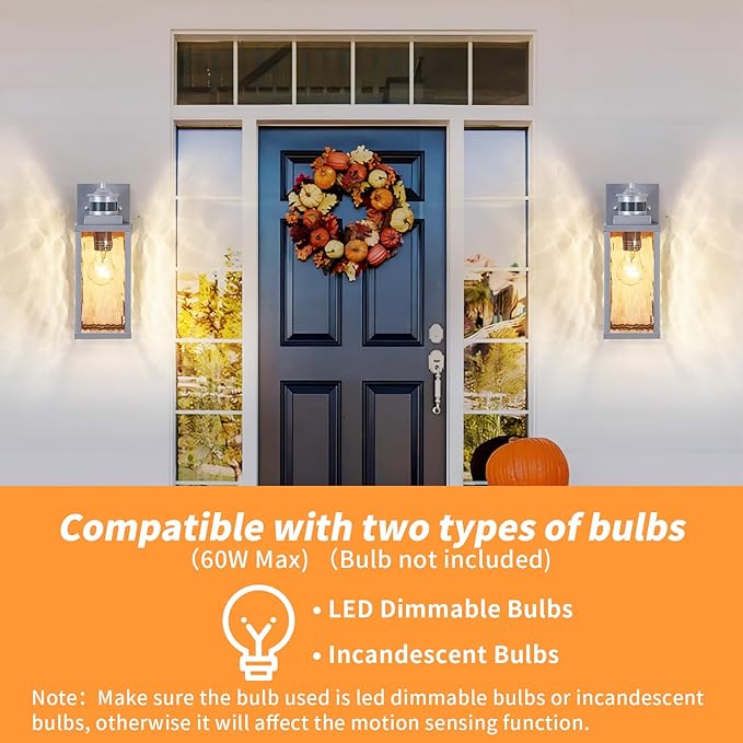 2 Pack Silver Motion Sensor Outdoor Wall Lights,Updated Dusk to Dawn Outdoor Lighting, Exterior Light Fixtures Wall Mount,Waterproof Porch Light Outside Lights for House