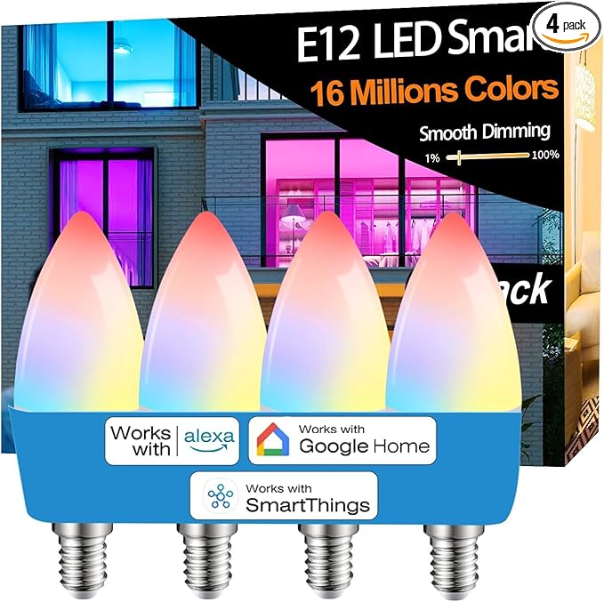 Vinaco E12 Smart LED Bulb 5W 600LM, 4 Pack E12 LED Light Bulbs Color Changing WiFi Bluetooth Work with Alexa & Google Assistant, Smart E 12 Candelabra Bulb 60 Watt E 12 Base, RGB Light Bulbs B11