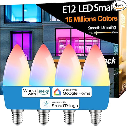 Vinaco E12 Smart LED Bulb 5W 600LM, 4 Pack E12 LED Light Bulbs Color Changing WiFi Bluetooth Work with Alexa & Google Assistant, Smart E 12 Candelabra Bulb 60 Watt E 12 Base, RGB Light Bulbs B11