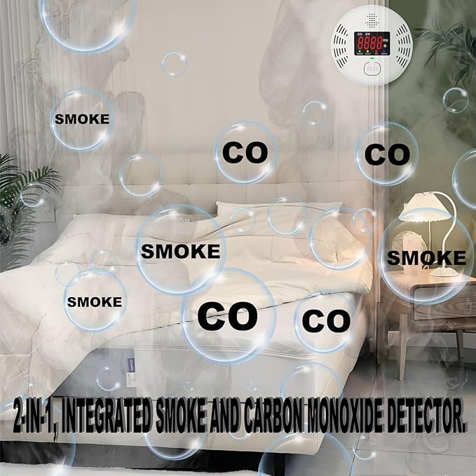 Carbon Monoxide and Smoke Detector Equipped with LCD Display, Battery Powered, Dual Sensor Alarm, 85dB Voice Alarm and Real-time CO Tracking, Suitable for Home/Kitchen/Bedroom/RV 2-Pack