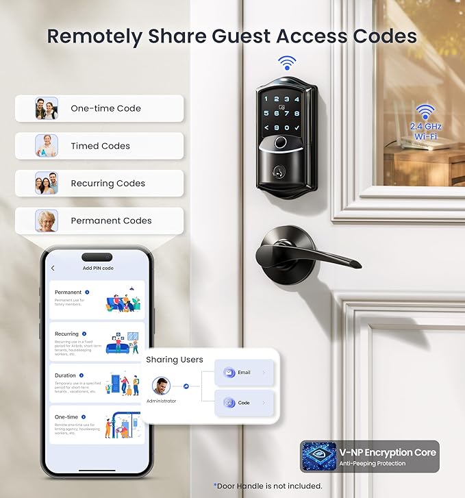 Veise VE027 Built-in Wi-Fi Smart Lock, Fingerprint Keyless Entry Front Door Lock, App Remote Control, No Hub Needed, Keypad Deadbolt with Long Battery Life, IP65 Waterproof, BHMA Grade 3, Matte Black