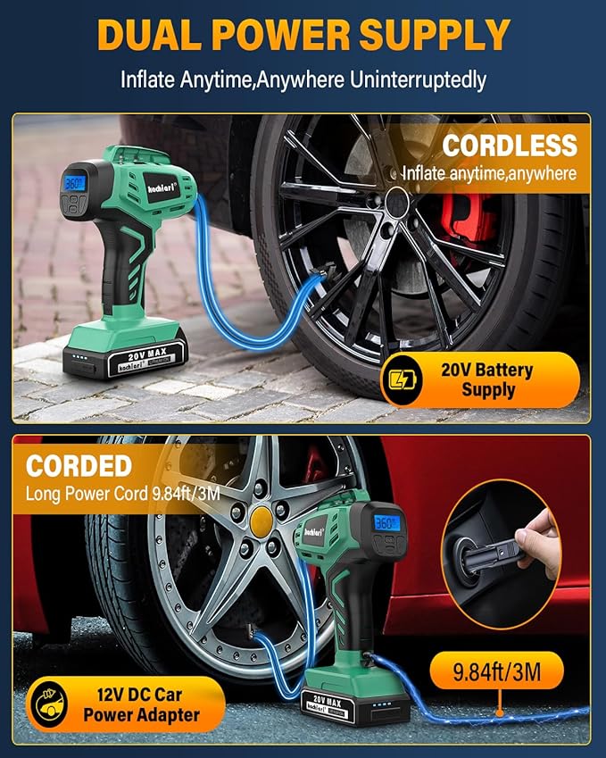 Tire Inflator Portable Air Compressor, 20V Cordless Car Tire Pump, Rechargeable Battery Powered Air Compressor w/12V DC Adapter Light Green