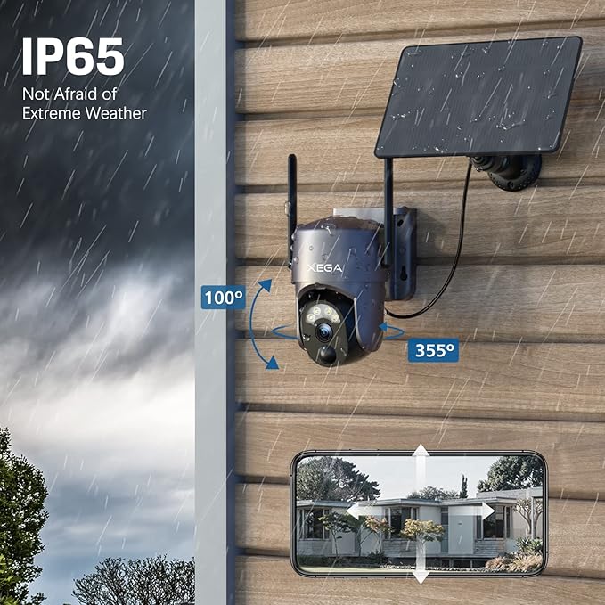 Xega 2 Pack Security Camera Wireless Outdoor 2K 360° PTZ Camera Solar Security Cameras 2.4G WiFi Video Surveillance w/Spotlight & Siren, Color Night Vision, AI Motion Detection, 2-Way Talk, IP66