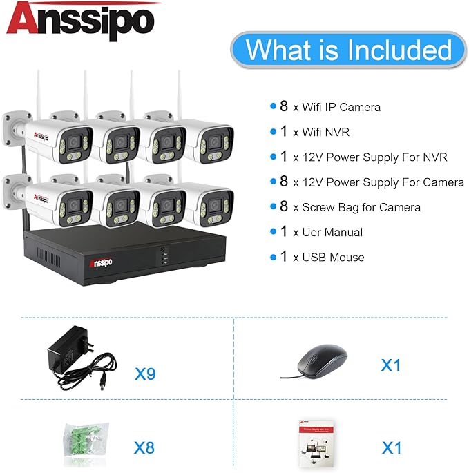 8Channel Wireless Security Camera Surveillance System with Two-way Audio/AI Face Detection/Colour Night Vision/Smart Playback Video, 8 CH WiFi NVR kit, 8pcs 3 Megapixel Security Cameras, NO HARD DRIVE