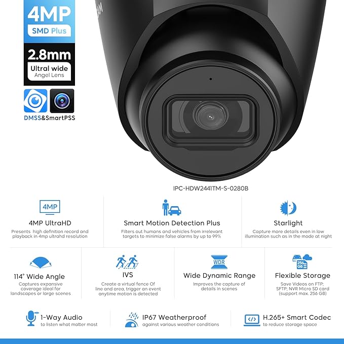 4MP PoE Turret IP Camera Black Starlight 0.006Lux@F1.6 PoE Camera Outdoor, Smart Human/Vehicle Detection, Intrusion Tripwire Alarm, 2.8mm Wide Angle Lens, DMSS & SmartDSS