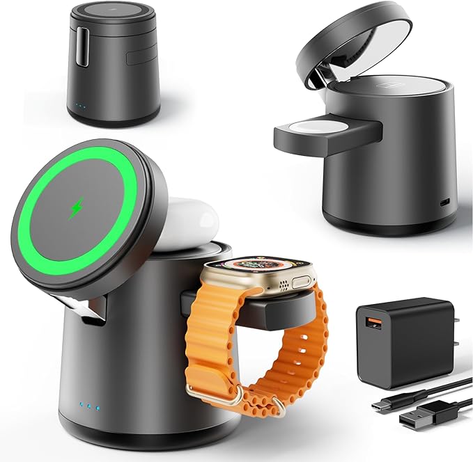 2025 Upgrade 3 in 1 Charging Station for Apple MagSafe Charger, Adjustable Portable Wireless Charging Stand, Fast Wireless Charger Dock for iPhone 16 15 14 13 12 Pro Max & Apple Watch AirPods (Gray)