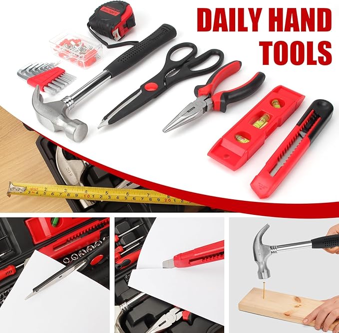 51-Piece Red Tool Set, Home Tool Kit with Toolbox Storage Case Home Repair Tool Kit with Drawer for Women