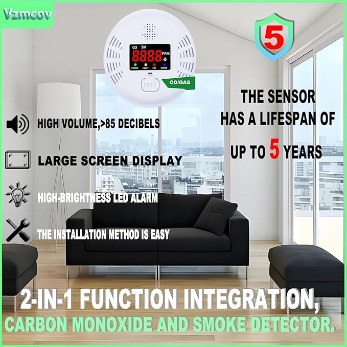 Carbon Monoxide and Smoke Detector, Equipped with LCD Display, Battery Powered, Dual Sensor Alarm, 85dB Voice Alarm and Real-time CO Tracking, Suitable for Home/Kitchen/Bedroom/RV (6Pack)