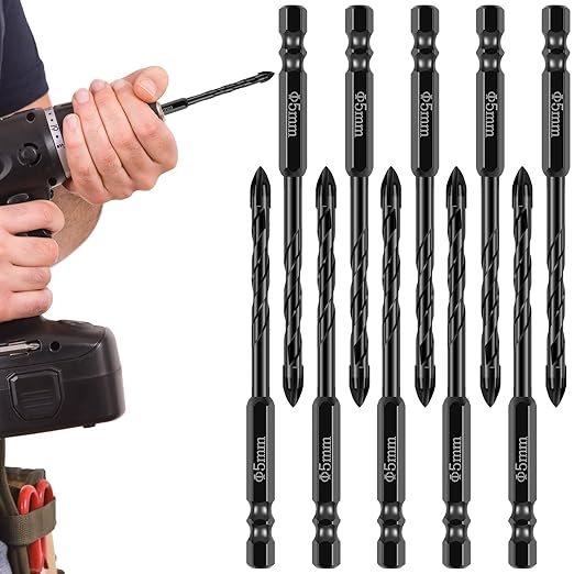 10Pcs Concrete Drill Bit Set 5mm Alloy Masonry Drill Bit Set Stable Carbide Tipped Tile Drill Bit Cross Head 1/4 Hex Shank Drilling Hole Bit for Concrete Cement Brick Wood (5mm 10pcs)