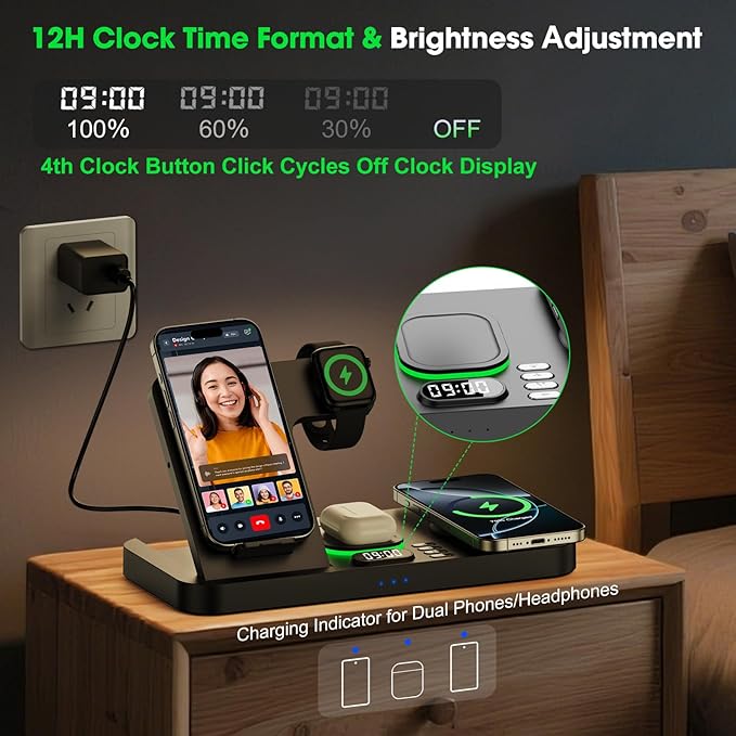 Dual Phone Wireless Charging Station for Apple Devices, Magnetic Charging Station for iPhone with Auto Switch 7-Color Light&Clock, Family Watch Charger for iPhone17 for iWatch10 for AirPods Pro3(Black