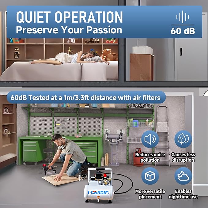 Ultra Quiet Air Compressor, Only 60dB, 1 Gallon Steel Tank, Oil-Free, Electric Air Compressor Perfect for Woodwork Nailing, Garage, Car, Pneumatic Tool, Includes 25 Ft. Air Hose Kit