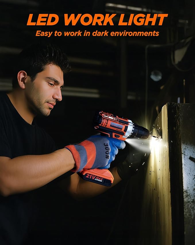 Drill, 21V Cordless Drill with Dual 2.0Ah Power Pack and Charger, Electric Power Drills Set, 3/8 Inch Chuck, 25+1 Torque, 2 Speed 29 Accessories Tool for DIY, Gifts