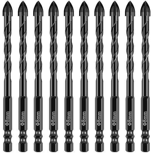 10Pcs Concrete Drill Bit Set 8mm Alloy Masonry Drill Bit Set Stable Carbide Tipped Tile Drill Bit Cross Head 1/4 Hex Shank Drilling Hole Bit for Concrete Cement Brick Wood (8mm 10pcs)