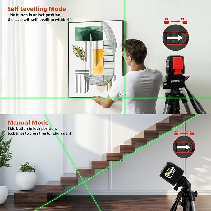 Laser Level Self Leveling Green Cross Line,Lazer Level for Picture Hanging,100ft,Rotatable 360 Degree,4 Brightness Adjustment, IP54 Waterproof, DIY, Construction, Magnetic Base, Battery, Carrying Bag