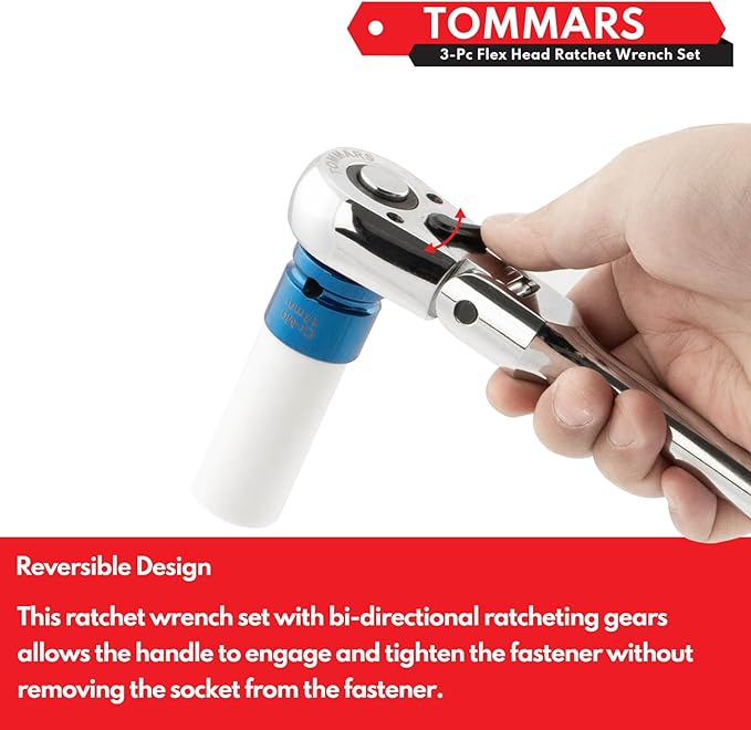 TOMMARS Flex-Head Ratchet Set, 1/4", 3/8", 1/2" Drive Flexible Ratchet Handle Wrench 72-Tooth Quick-Release Reversible