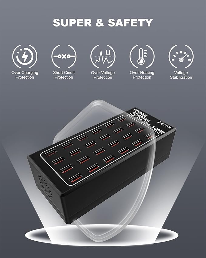 24-Port 100 watt (20 A) USB Charging Station, Travel Desktop USB Rapid Charger, Multi Ports Fast Charger Station Organizer Compatible with Smartphones, Tables, and More Devices