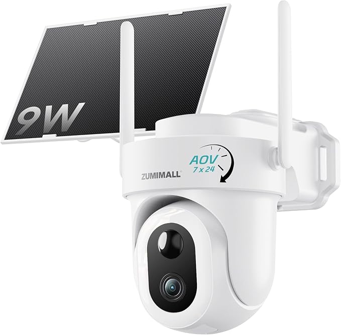 ZUMIMALL 9W Solar Security Cameras Wireless Outdoor, AOV 24/7 Recording Cameras for Home Security, 360° View, 2K Color Night Vision, 2-Way Talk, 2.4GHz WiFi, Auto Tracking, SD/Cloud/Alexa/AI