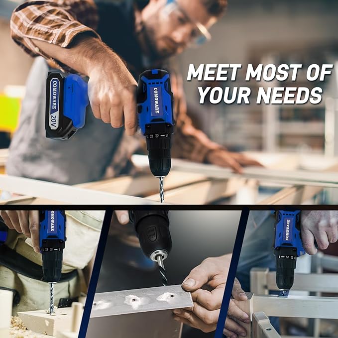 COMOWARE 120 Pcs Home Tool Kit with 20V Power Drill, Li-ion Battery & Charger - 25+1 Clutch Tool Set for Home, Garden & Office Repair - Blue Case