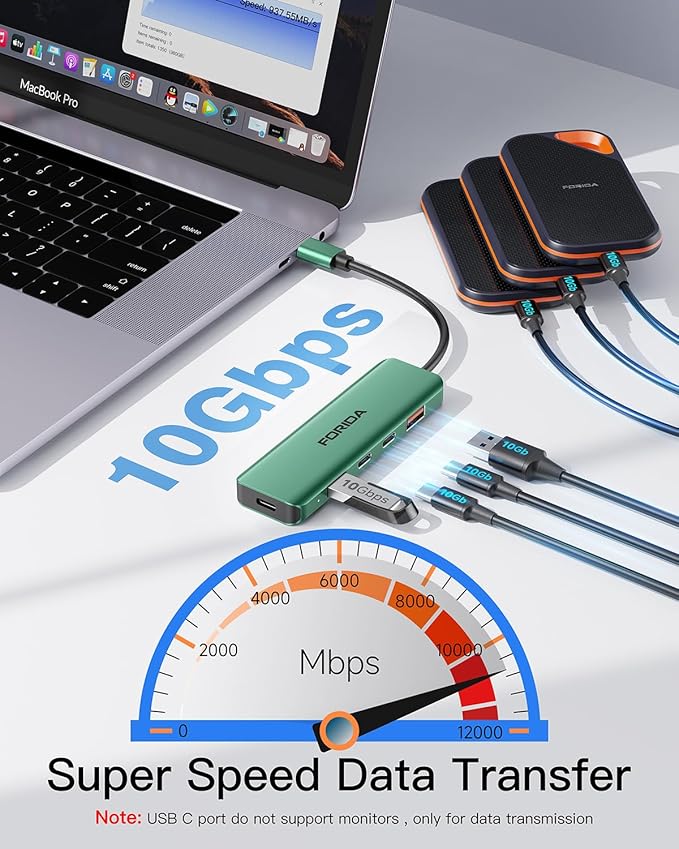 USB C Hub, 10Gbps USB 3.1 Adapter for MacBook, with 100W PD Charging, 2 USB C 3.1 10Gbps and 2 USB A 3.1 Data Ports, Compatible with Surface, XPS, Samsung, Dell and More (Green)