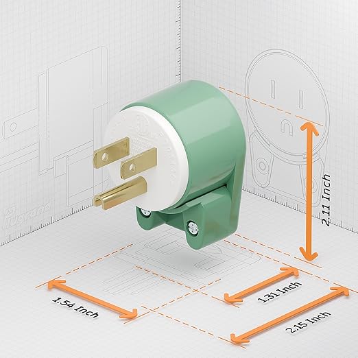 (2 Pack) 90 Degree USA Canada Male Plug Nema 5-15P 3 Pole Angle DIY Plug, 15A 125V USA 3Pin Right Angle AC Plug, Nema 5-15P Angled Rewireable AC Plug,12 Direction Male US 3Pole AC Connector, Green