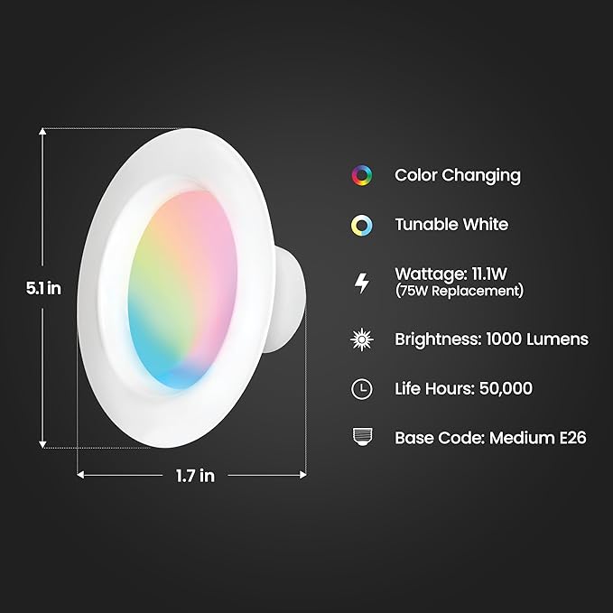 Feit Electric Smart Recessed Downlights, 5/6-Inch, 75W Equivalent, Color-Changing & Tunable White, 1000 Lumens, Dimmable, Compatible with Alexa/Google Assistant, LEDR6/RGBW/AG/3, 3 Pack