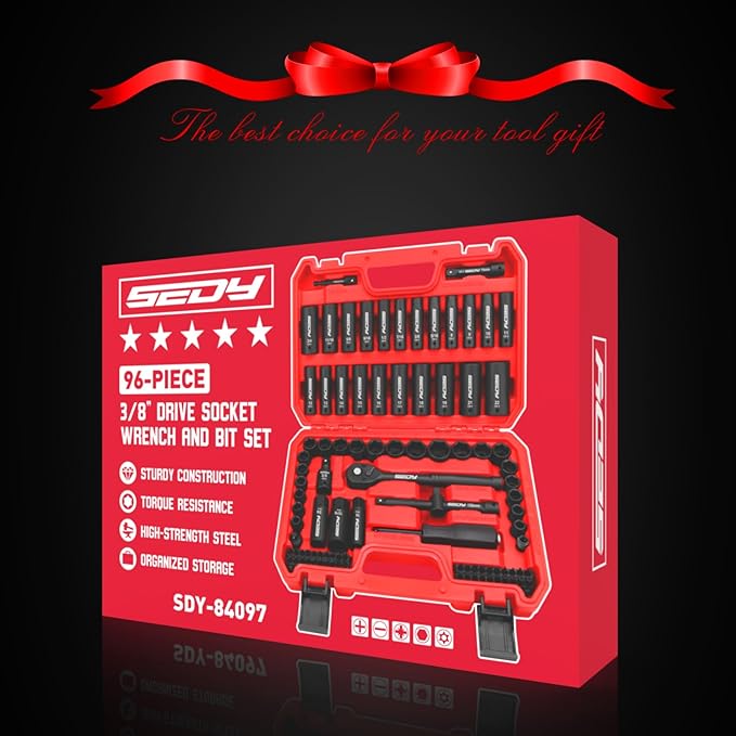 96-Piece 3/8" Drive Impact Socket Wrench and Bit Set, SAE 5/16”-3/4” & Metric 8-22mm, Cr-V Standard & Deep Sockets, Power Bits, Ratchet Handle, Universal Joint, Bit Holder, Adapters, Spark Plug Socket